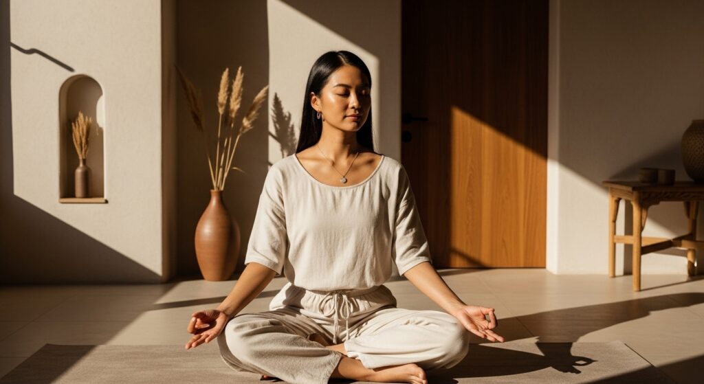 Calm young adult in a mindful setting with soft natural light