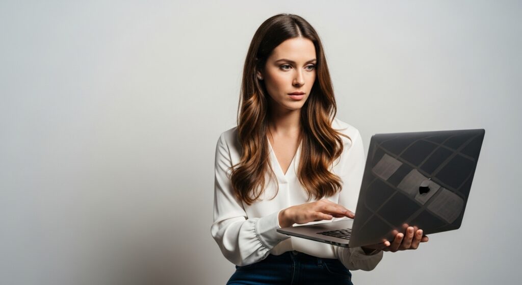 Concerned young woman interacting with a high-end product, clean composition, soft lighting