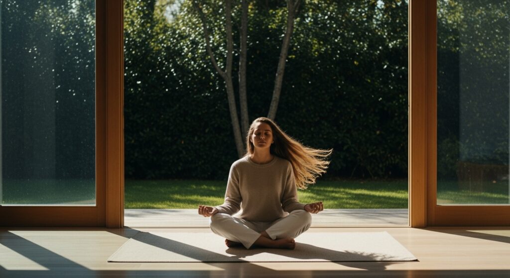 Calm young adult in a mindful setting with soft natural light and cinematic shadows