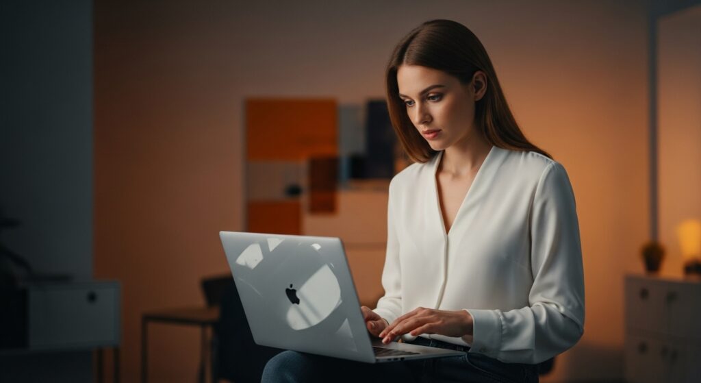 Concerned young woman interacting with a high-end product, clean composition, soft shadows