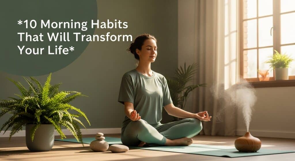 Calm young adult practicing mindfulness surrounded by natural elements and soft lighting