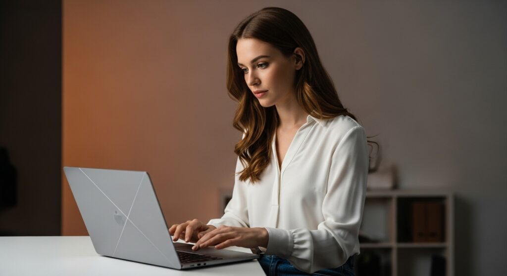 Concerned young woman interacting with a high-end product, clean composition, soft lighting