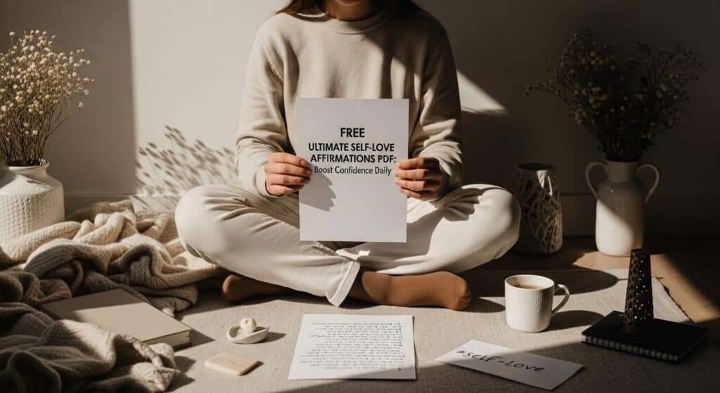 Calm young adult holding a self-love affirmations PDF in a sunlit minimalist room