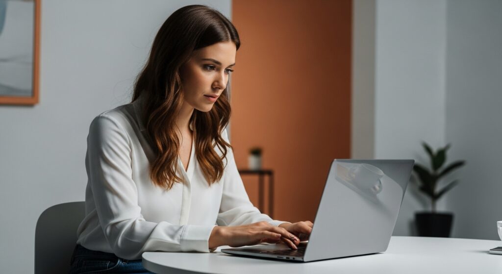 Concerned young woman interacting with a high-end product, clean composition, soft shadows