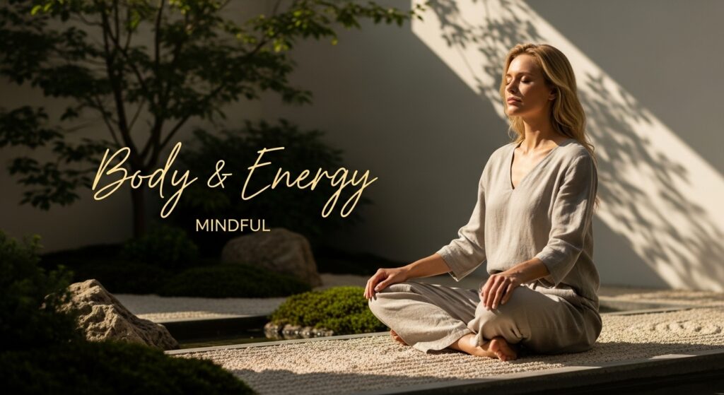 Calm young adult in a mindful setting with soft natural light and cinematic shadows