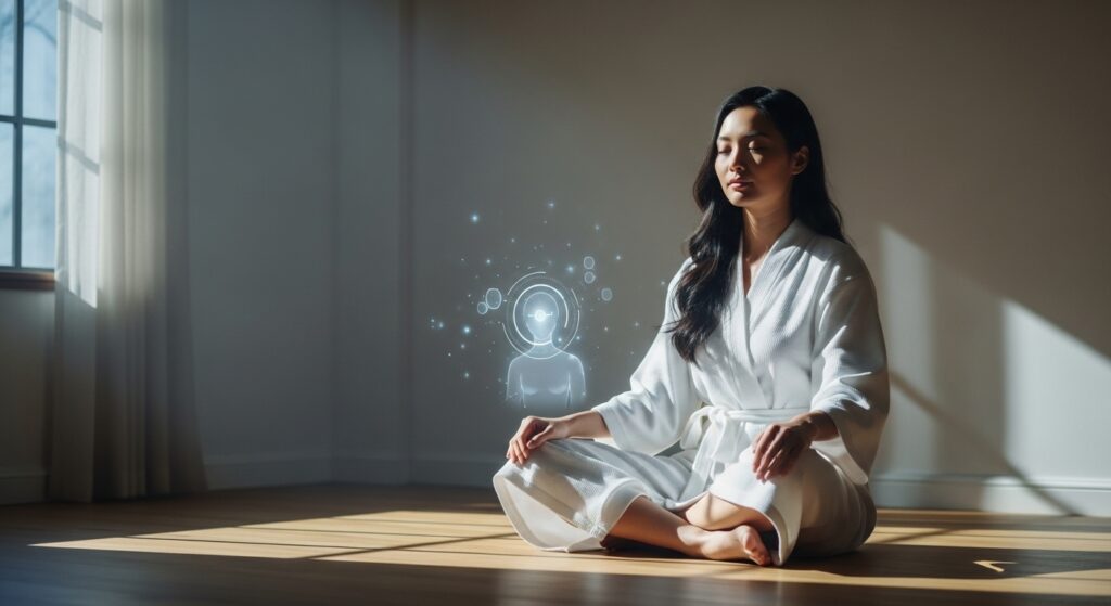 Serene young adult meditating in a minimalist sunlit room with AI elements