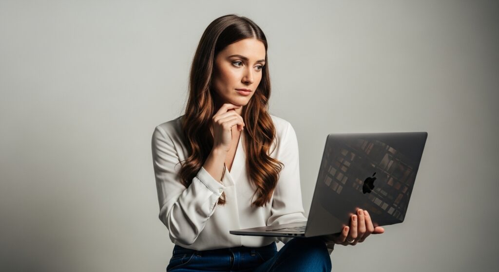 Concerned young woman interacting with a high-end product