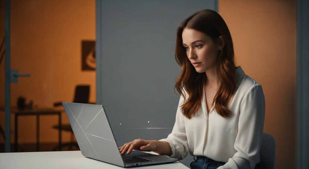 Concerned young woman interacting with a high-end product, clean composition, soft lighting