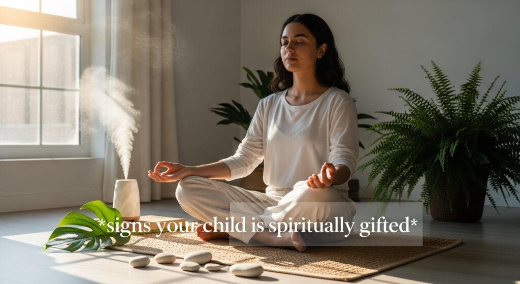 Calm young adult practicing mindfulness in natural setting with soft lighting