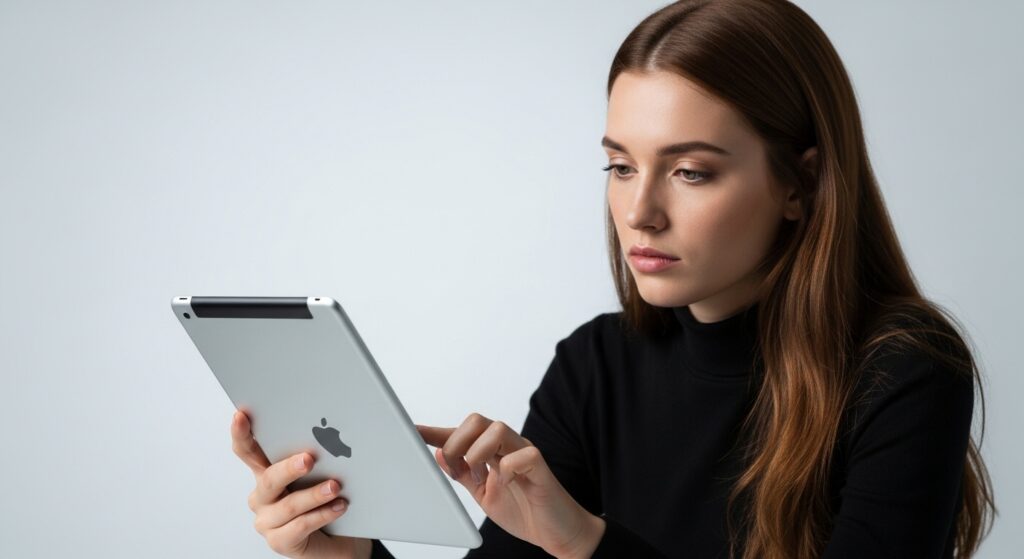 Concerned young woman interacting with a high-end product on a minimalist background