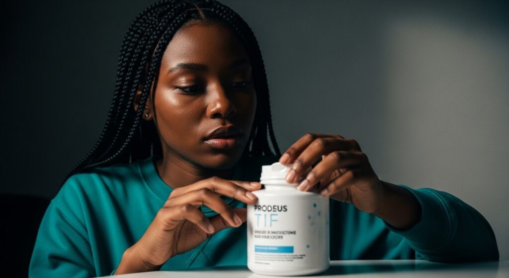 Concerned young woman interacting naturally with a high-end product