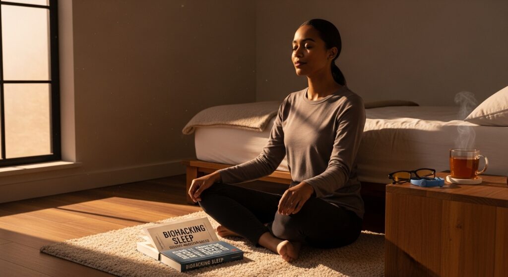 A serene young adult practicing mindfulness in a softly lit minimalist bedroom with biohacking elements