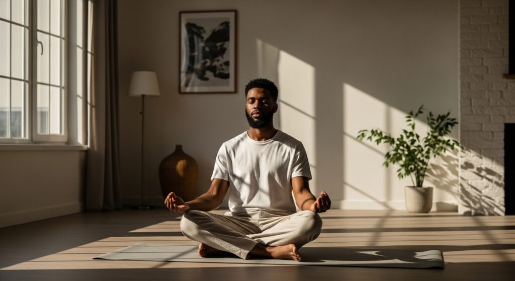 Calm young adult in a mindful setting with soft natural light