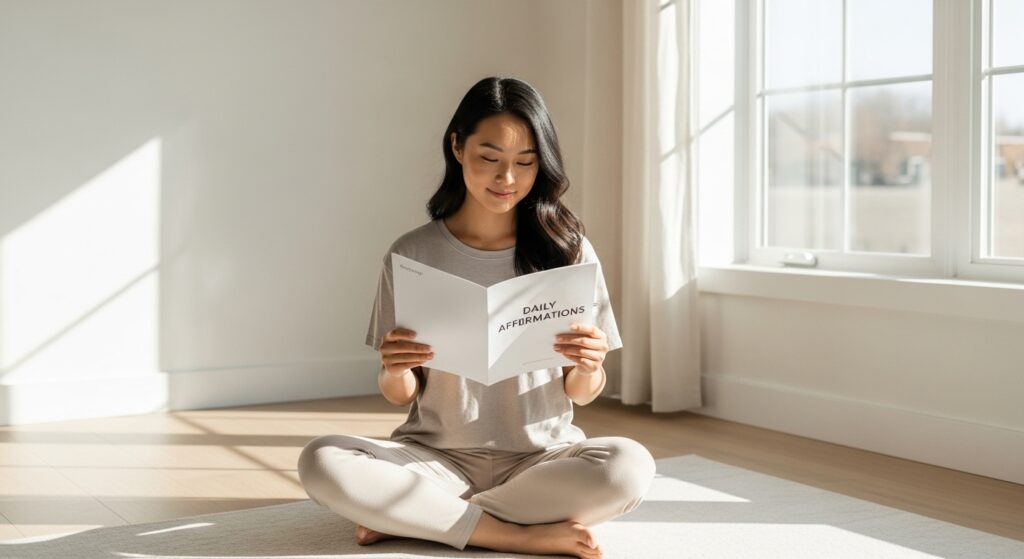 Serene young adult holding a Daily Affirmations PDF in a sunlit minimalist space
