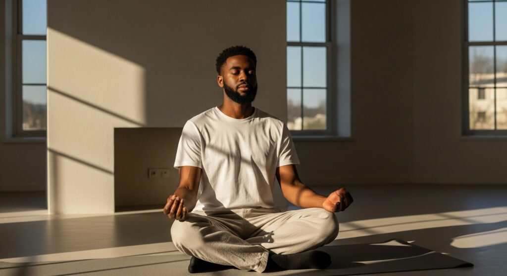 Calm young adult in a mindful setting with soft natural light and cinematic shadows