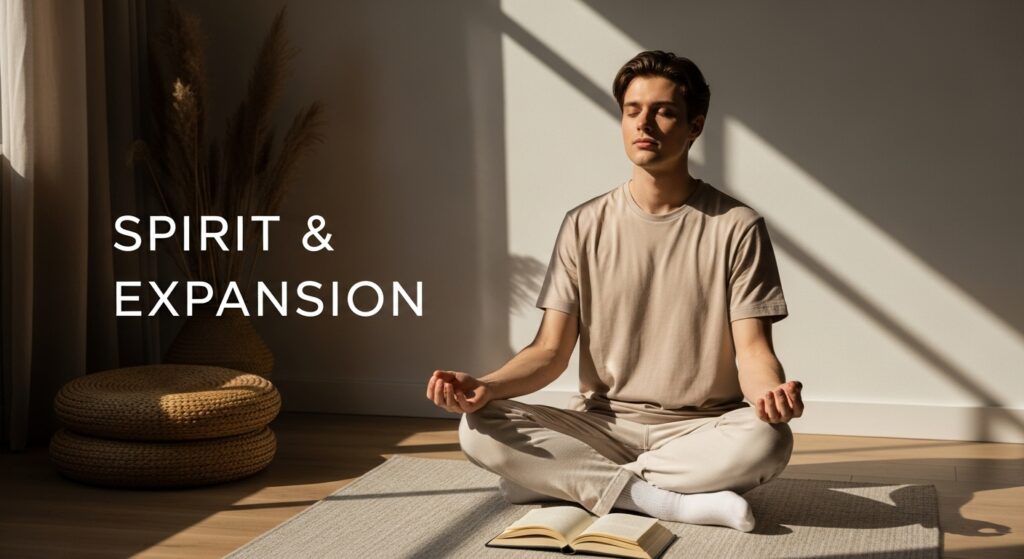 Calm young adult in a mindful setting with soft natural light and neutral tones