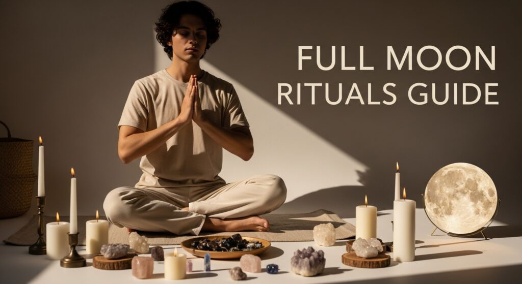 Serene young adult practicing mindfulness under soft natural light with candles, crystals, and full moon glow