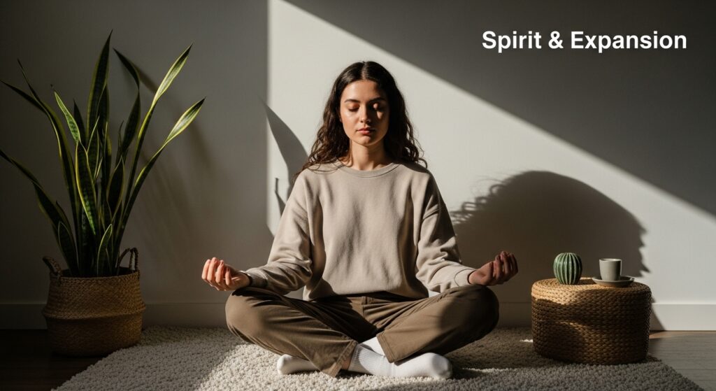 Calm young adult in a mindful setting with soft natural light and cinematic shadows