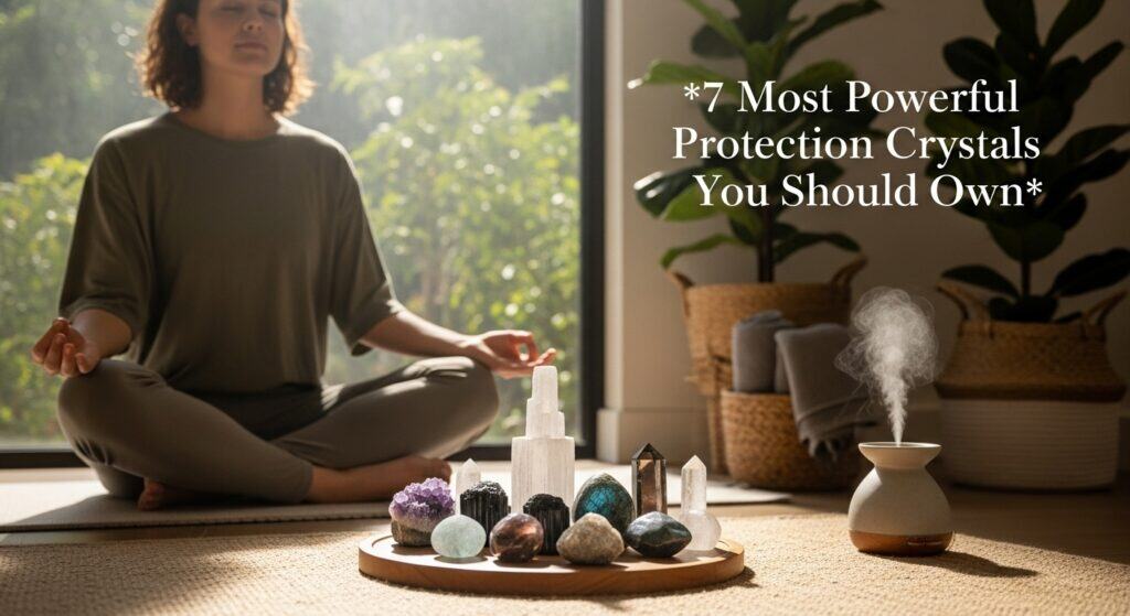 Calm young adult practicing mindfulness with protection crystals in natural setting