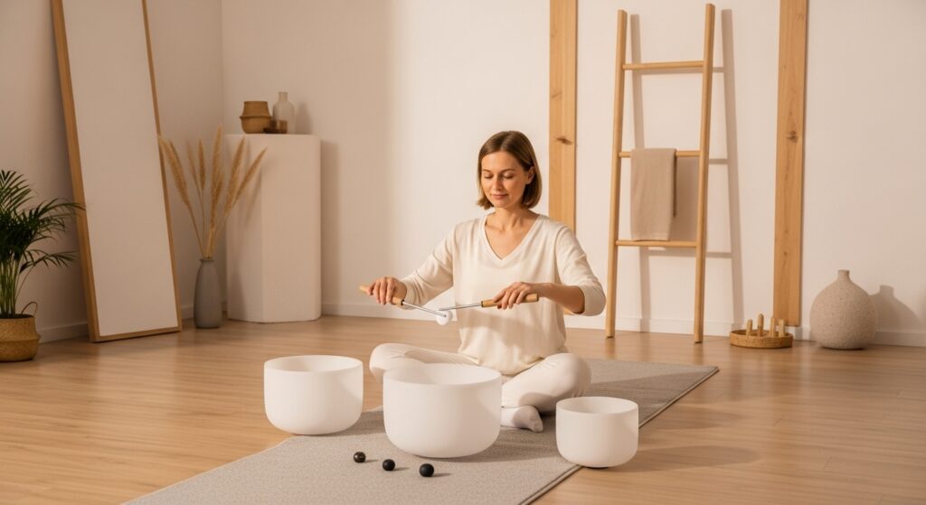 Calm young adult practicing energy cleansing in soft natural light
