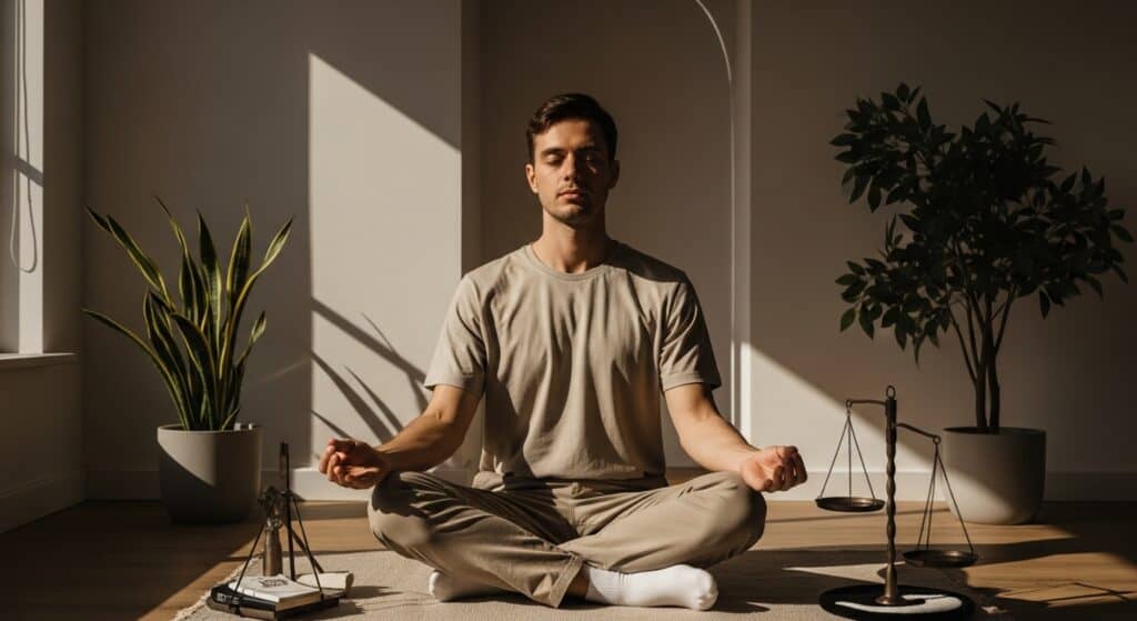 Serene young adult meditating in a sunlit minimalist space with soft shadows and warm light