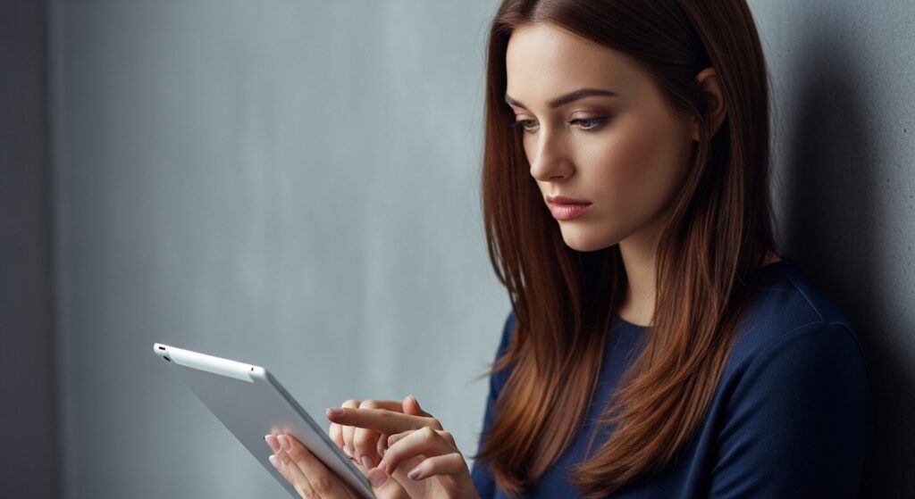 Concerned young woman interacting with a premium product