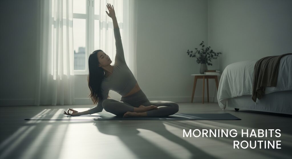 Calm young adult in a mindful morning routine bathed in soft natural light