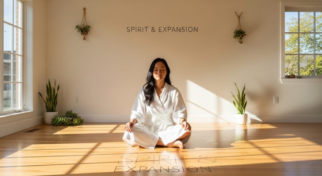 Serene young adult meditating in a minimalist sunlit space with soft natural light and cinematic shadows