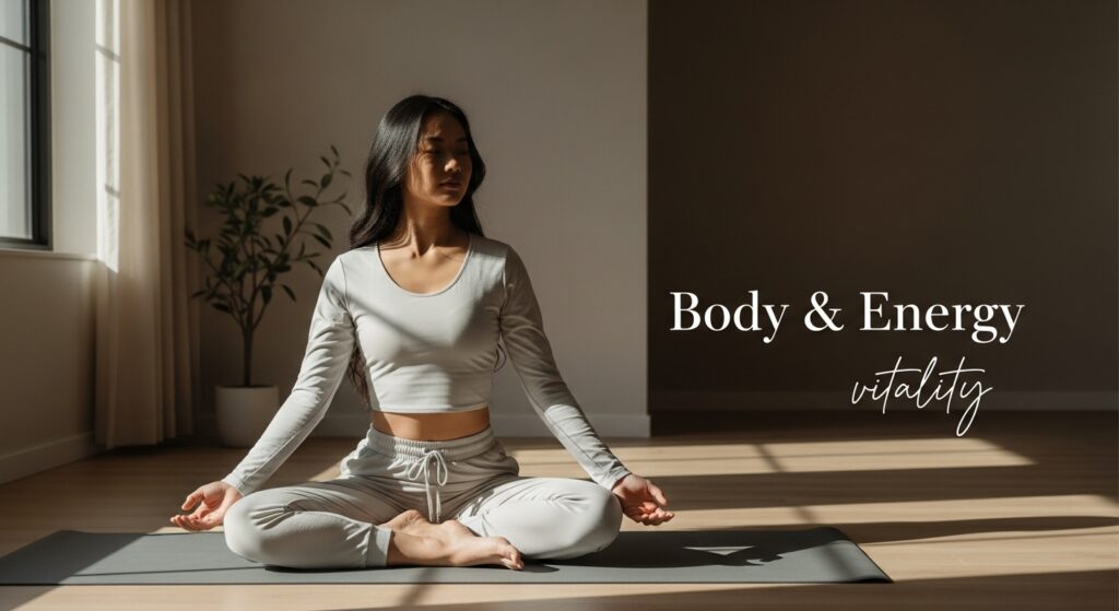 Calm young adult in a mindful setting with soft natural light and cinematic shadows