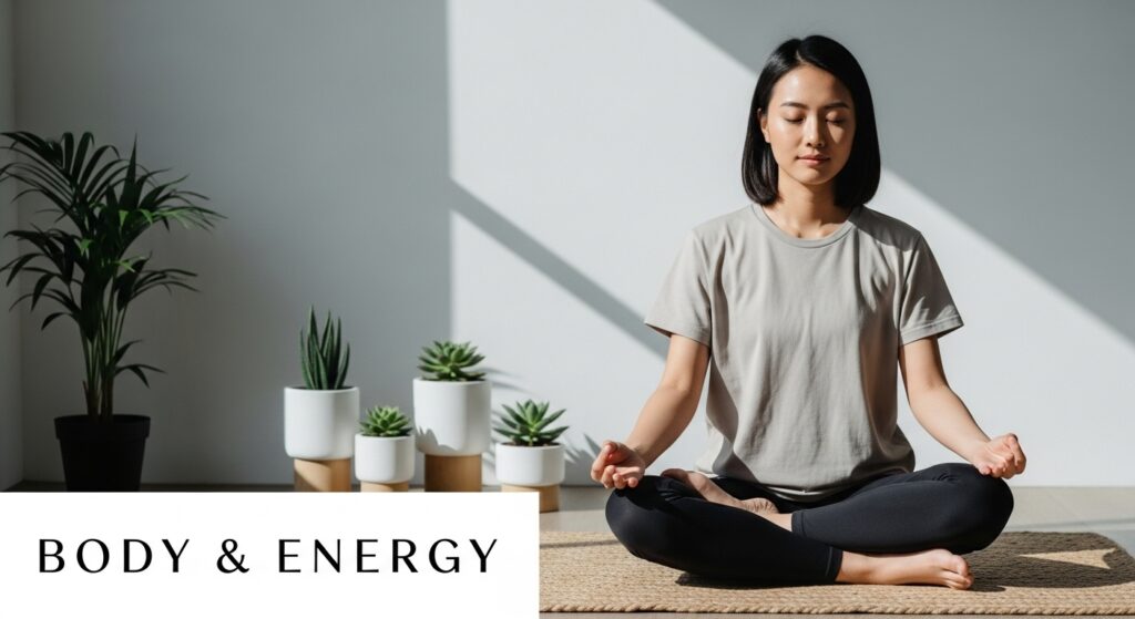 Calm young adult in a mindful setting with soft natural light and minimalist wellness elements