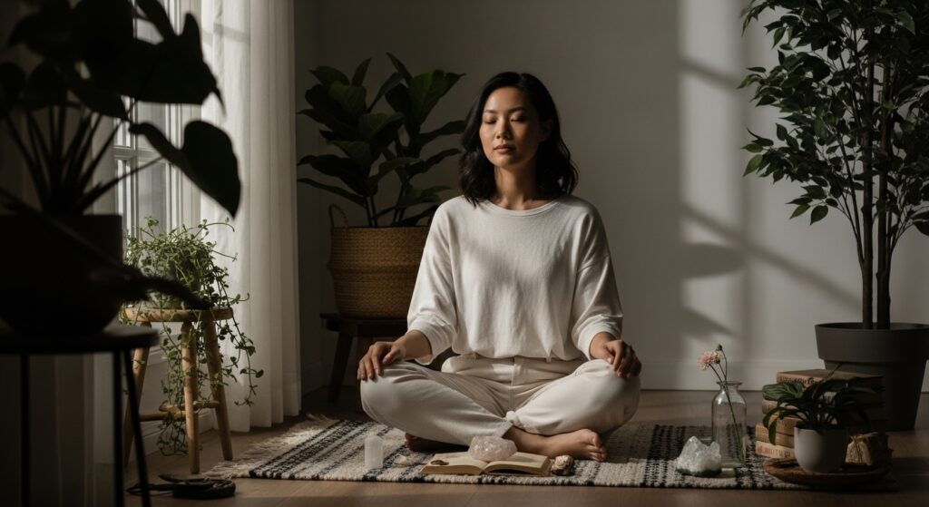 Calm young adult in a mindful setting with soft natural light