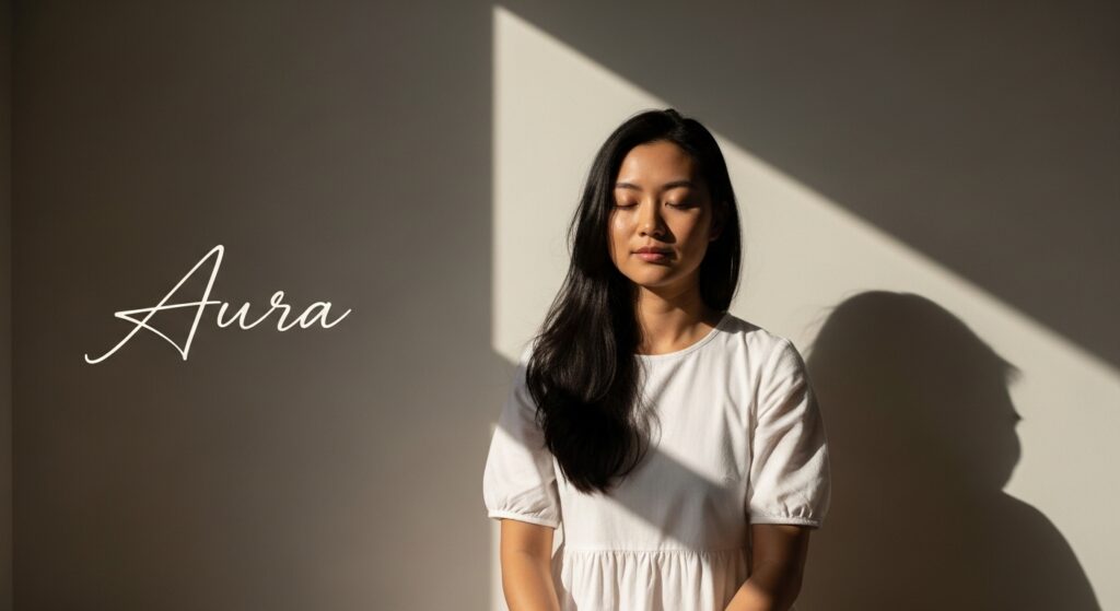 Calm young adult in a mindful setting with soft natural lighting and cinematic shadows