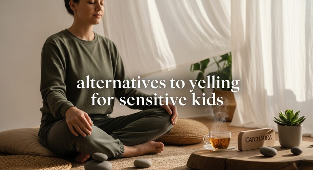 Calm young adult practicing mindfulness in soft natural lighting with muted tones and elegant typography