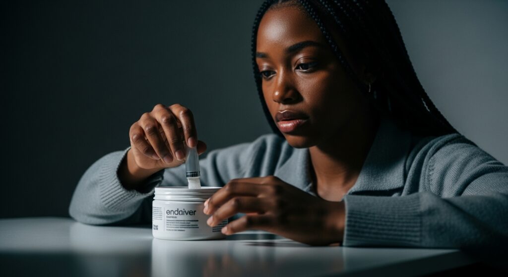 Concerned young woman interacting naturally with a high-end product, clean composition, soft shadows, realistic depth of field
