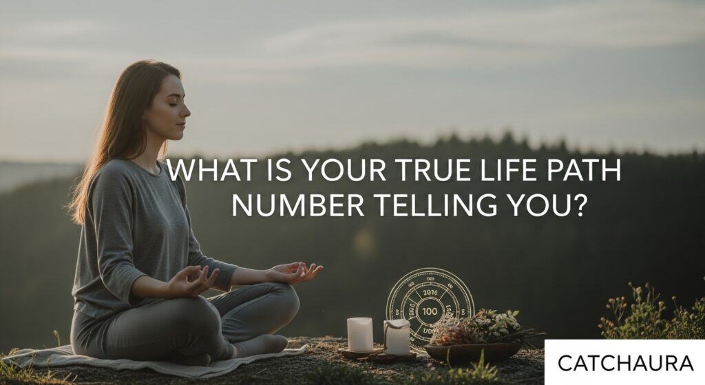 Calm young adult practicing mindfulness in nature with soft lighting and muted tones, life path number as focal point