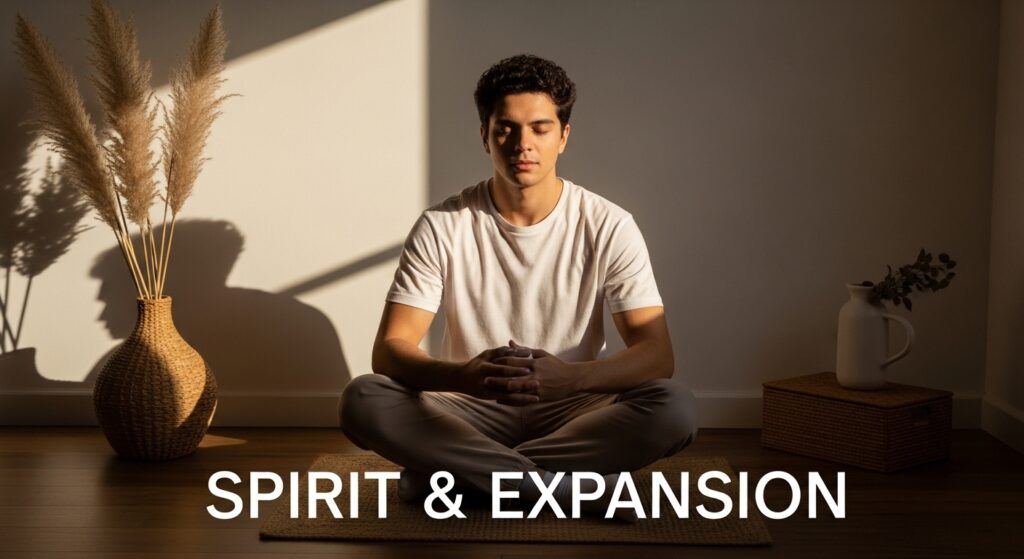 Calm young adult in a mindful setting with soft natural light and warm tones