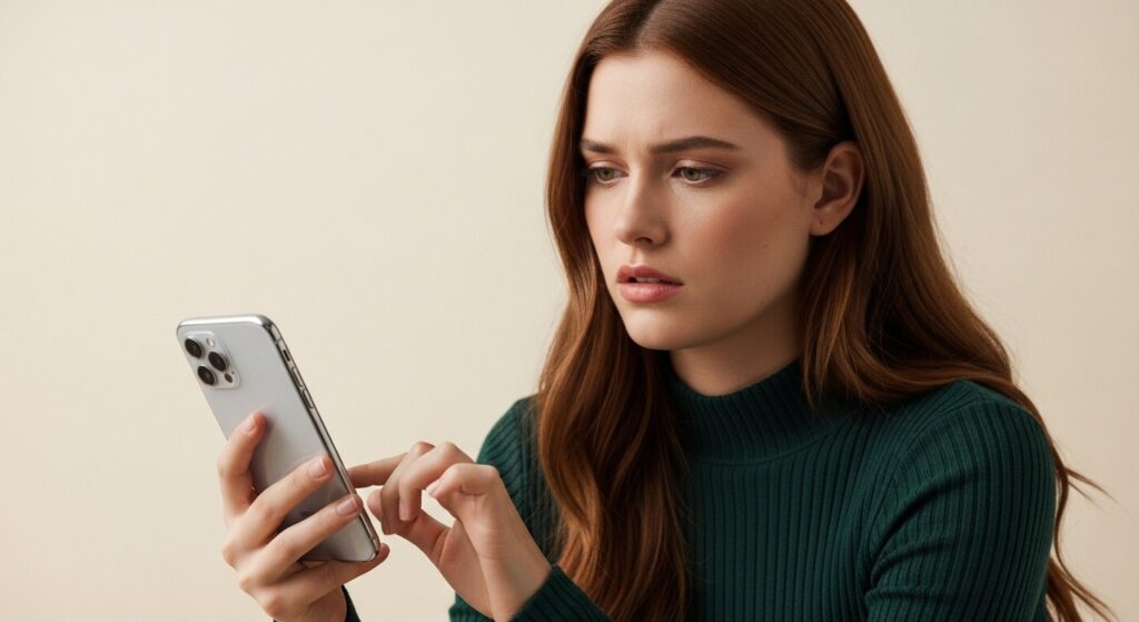 Concerned young woman interacting with a high-end product, clean composition with soft shadows