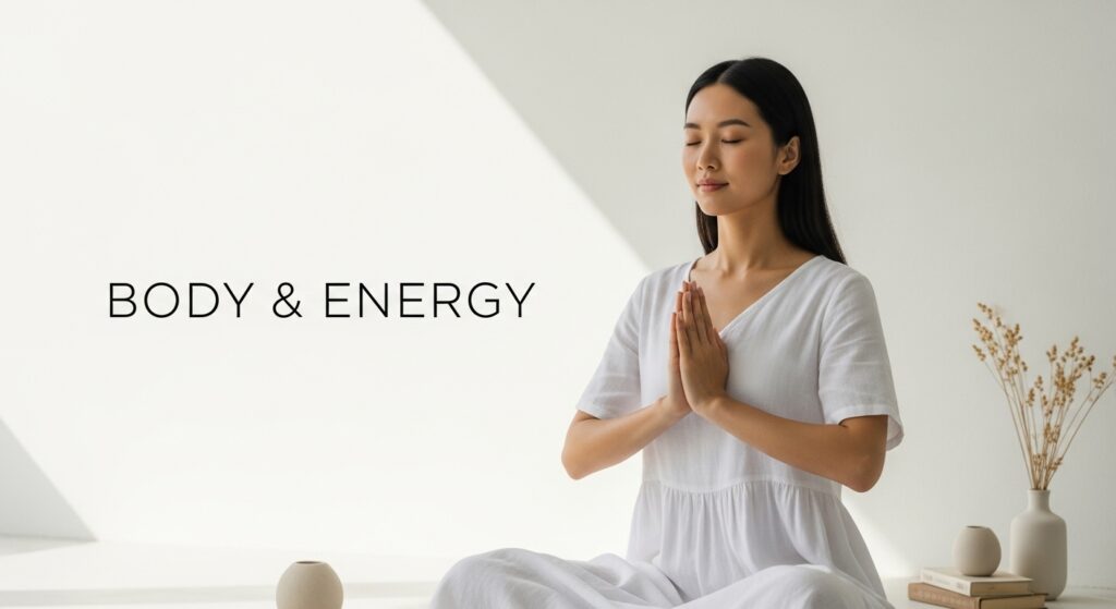 Calm young adult in a mindful setting embodying balance and well-being with soft natural light and minimalist aesthetic