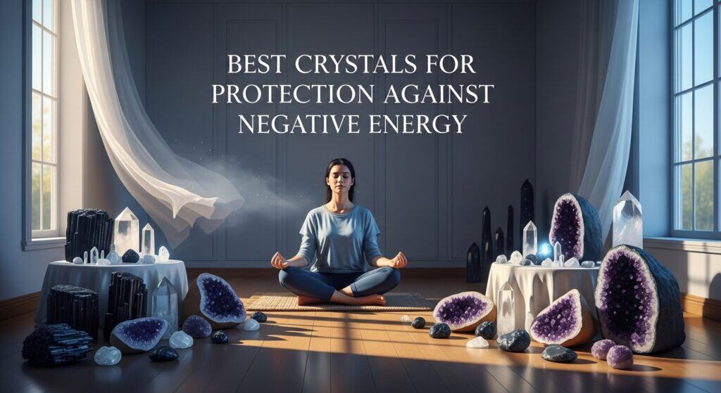 Serene young adult meditating surrounded by protective crystals in a minimalist space