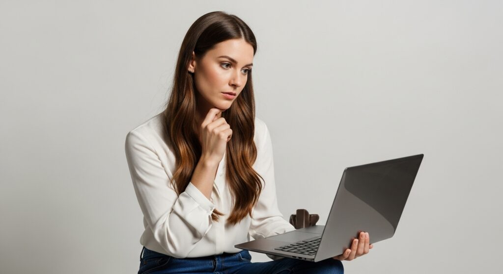 Concerned young woman interacting with a high-end product, clean composition, soft lighting