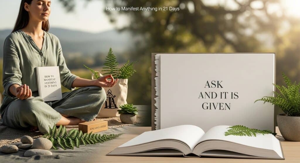 A calm young adult practicing mindfulness with the title How to Manifest Anything in 21 Days and the book Ask and It Is Given in muted tones
